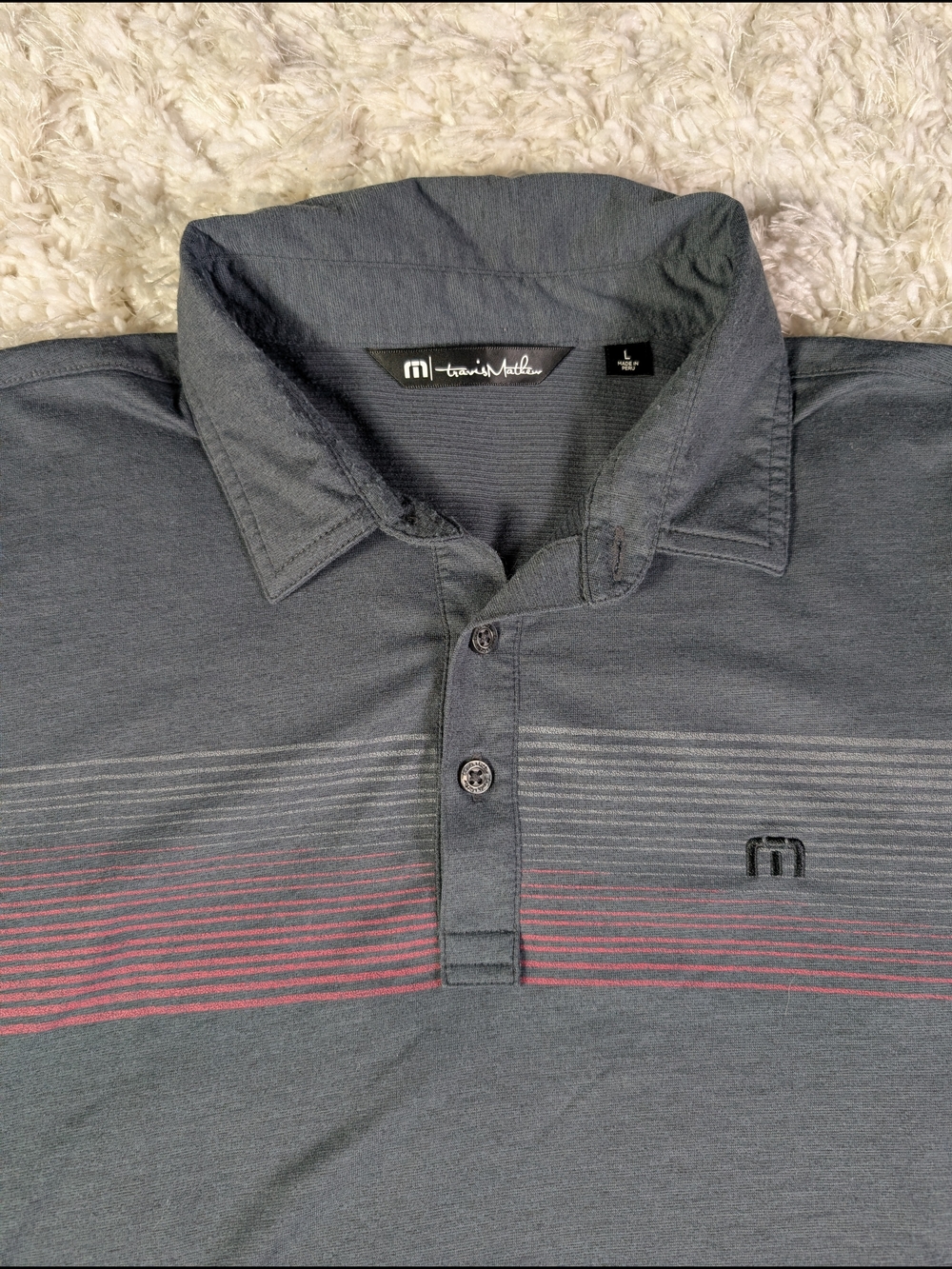 Travis Mathew Men's Gray Polo with Subtle Red Stripe